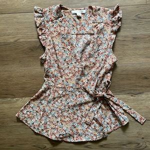 Fall floral faux wrap flutter sleeve blouse